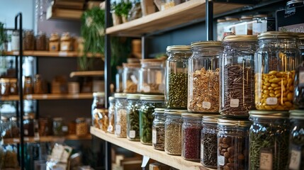 Fototapeta premium Rustic pantry shelves with jars of grains and dried goods