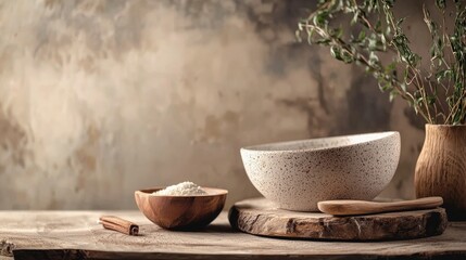Rustic ceramic bowls and wooden utensils on a natural backdrop