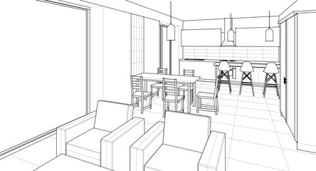 interior kitchen living room 3d illustration