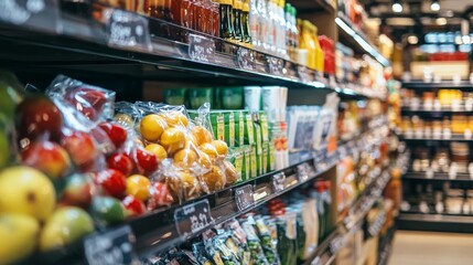 Grocery store aisle with fresh produce in a colorful arrangement