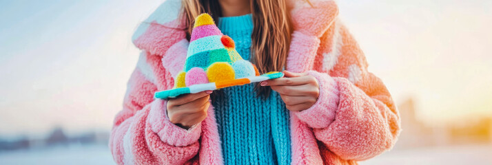Woman in Pink Coat Holding Colorful Hat at Sunset