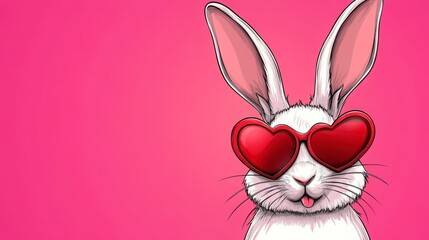 Cute Rabbit with Heart-Shaped Sunglasses on Pink Background