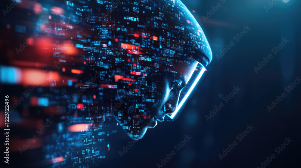 Poster futuristic digital face displaying data streams virtual environment digital art sci-fi concept