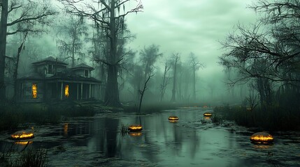 Haunted House by Swamp River with Jack O Lanterns