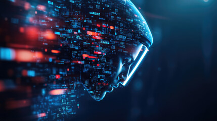 Obraz premium Futuristic digital face displaying data streams virtual environment digital art sci-fi concept
