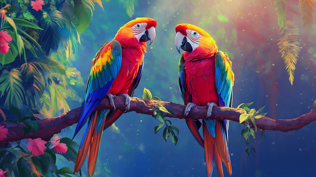 A group of parrots sitting on a single wood block.