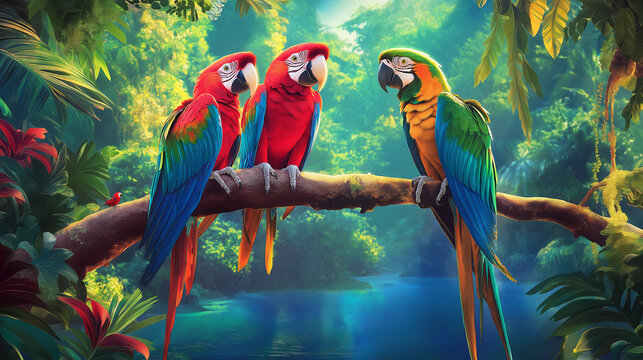 A group of parrots sitting on a single wood block.