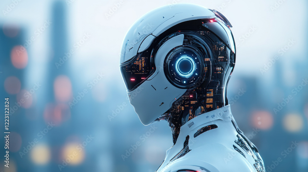 Poster futuristic robot observation urban cityscape digital art -tech environment side view artificial inte