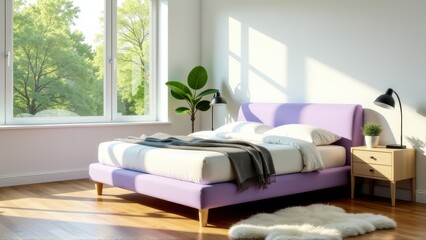 Lavender Bedroom Interior Design with Large Window and Sunlight