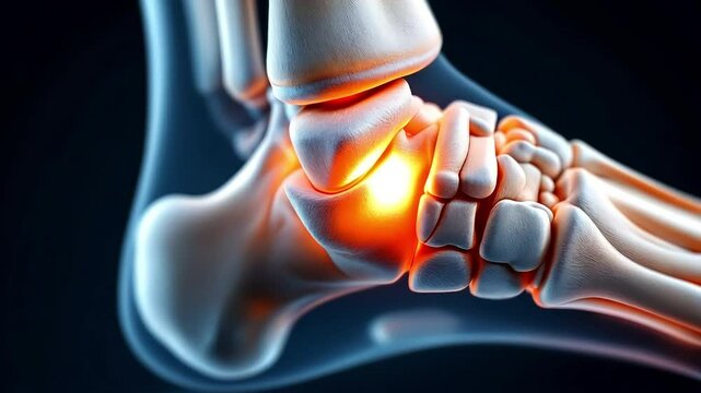 3D medical illustration showcasing inflamed ankle joint.  Highlights bone structure and pain.