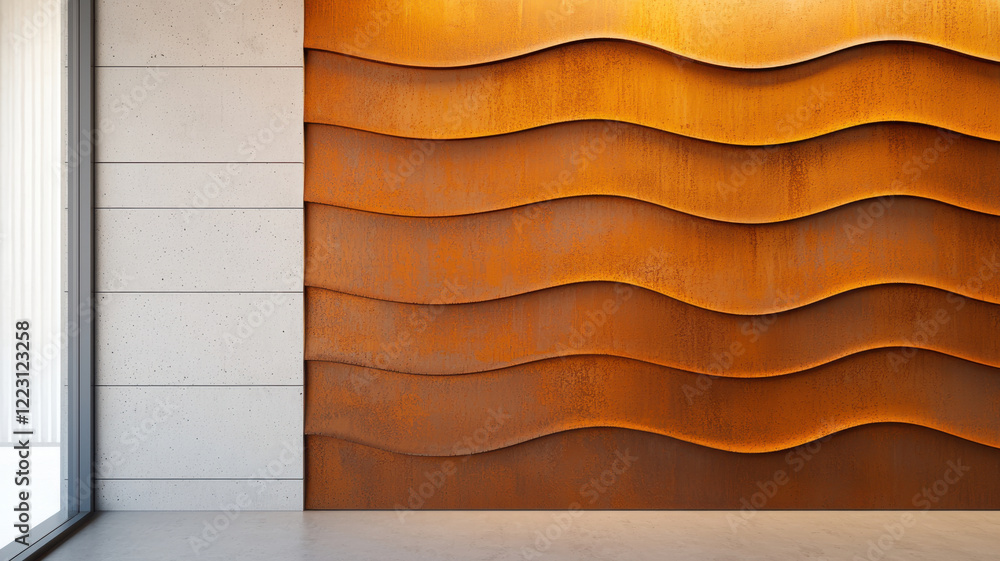 Poster representations of rust concept, rustic wall design with wavy patterns and warm tones creates modern