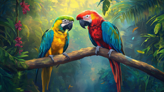 A group of parrots sitting on a single wood block.