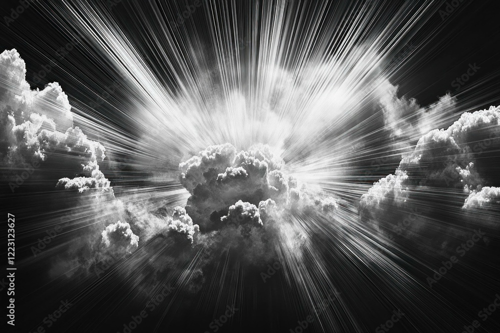 Poster black and white dramatic clouds with rays of light breaking through, creating a captivating sky scen