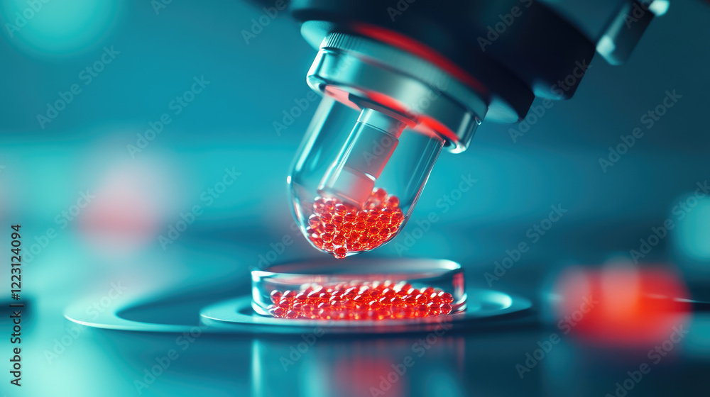 Poster microscopic examination of red beads laboratory science experiment controlled environment close-up v