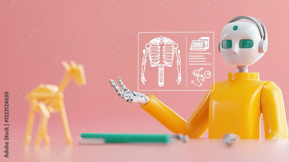 Poster robot with health data display on pink background