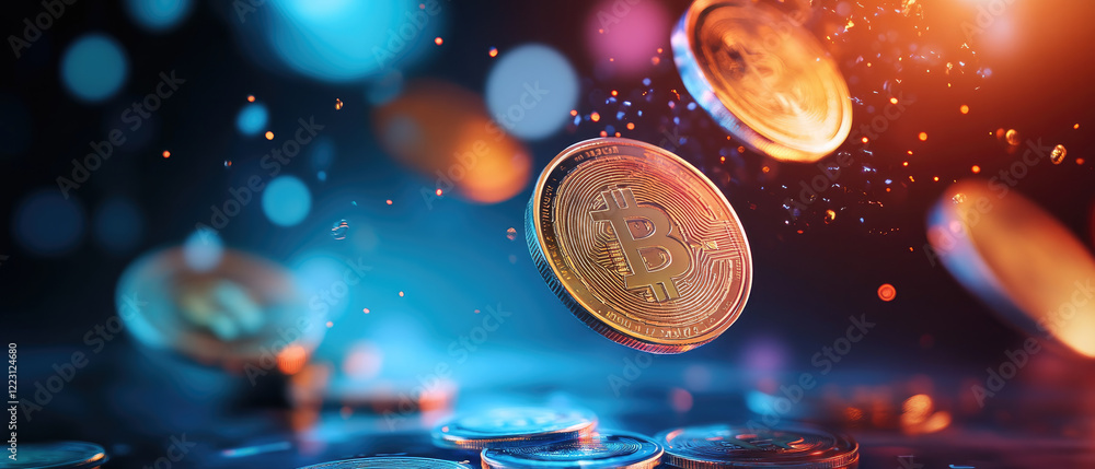 Aufkleber cryptocurrency coins floating in a digital environment business concept abstract visualization enhan