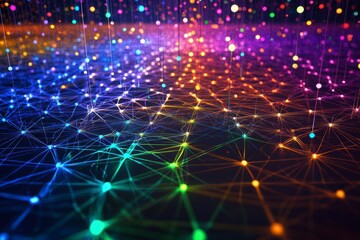 Colorful Abstract Background with Dots and Lines in Three Dimensions