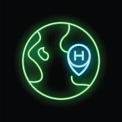 Neon green world globe with glowing blue hospital location pin icon on a black background