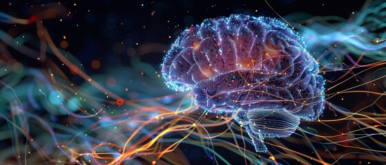 Obraz premium Digital artwork showcasing a human brain rendered as a intricate network of luminous nodes and interconnected lines. The brain is suspended in a field of vibrant, swirling energy.