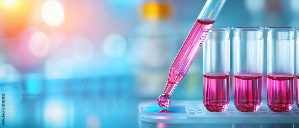 Poster laboratory experiment with pink solution science lab chemical analysis controlled environment close-