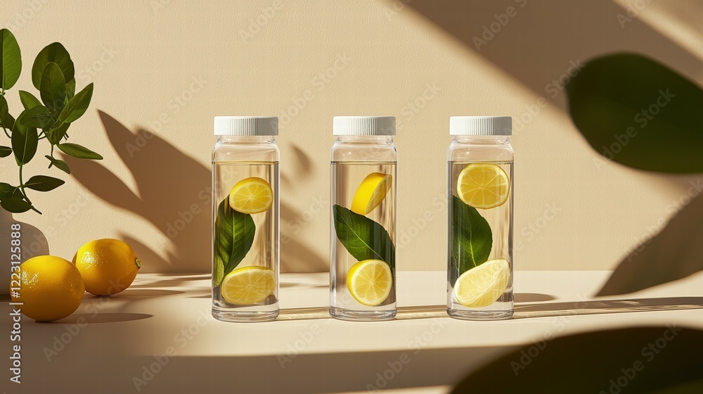 Poster inviting setup featuring reusable bottles with fresh lemon and leaves