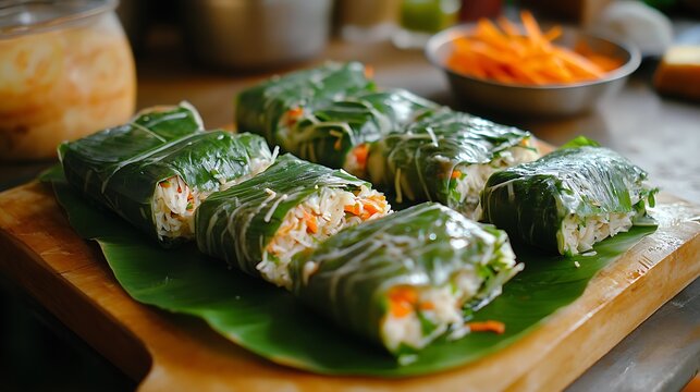 Raw buntil filling wrap in papaya leaves preparation before cooking