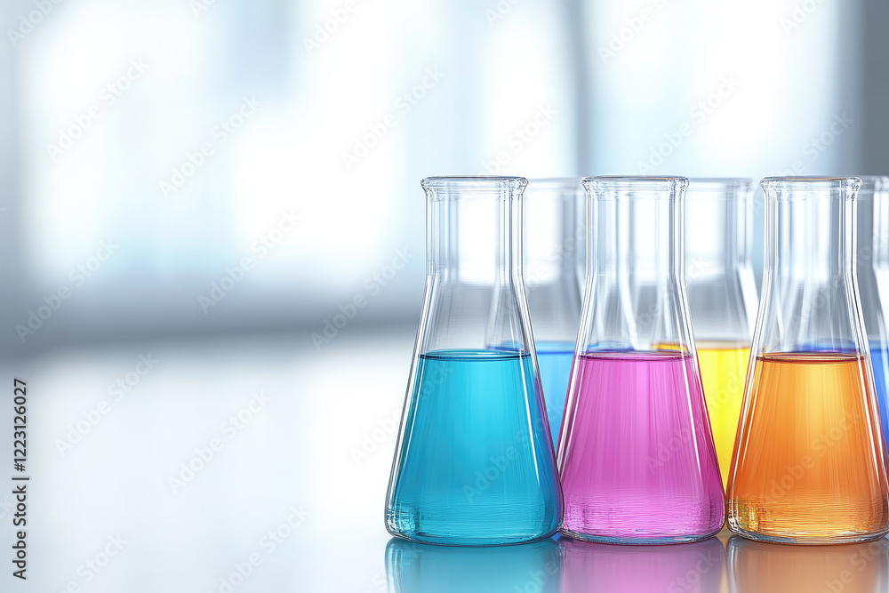 Poster experimenting with colorful chemical reactions in laboratory setup science experiment bright environ