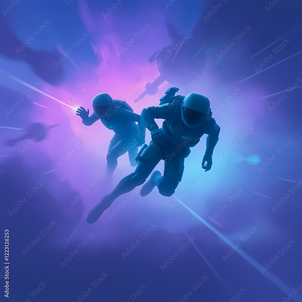 Aufkleber Two astronauts in dynamic motion in a futuristic universe. Generative AI