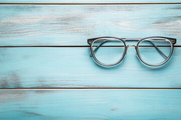 Stylish eyeglasses on blue wooden table product photography indoor close-up modern aesthetic