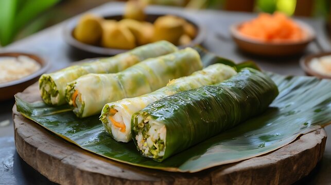 Raw buntil filling wrap in papaya leaves preparation before cooking