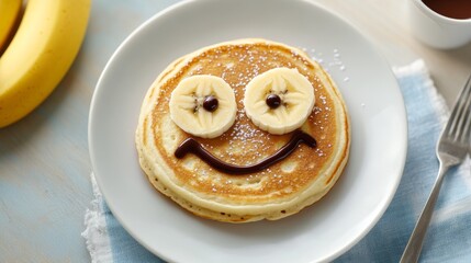 A playful pancake with banana slices and chocolate syrup creates a cheerful smiley face, perfect for a delightful breakfast.