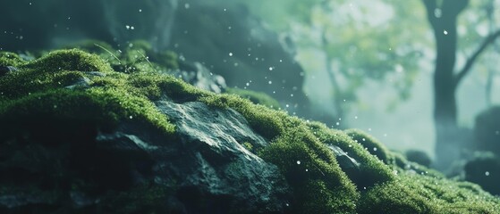 A misty forest scene with moss-covered rocks, dappled sunlight through trees creating a magical and tranquil atmosphere.