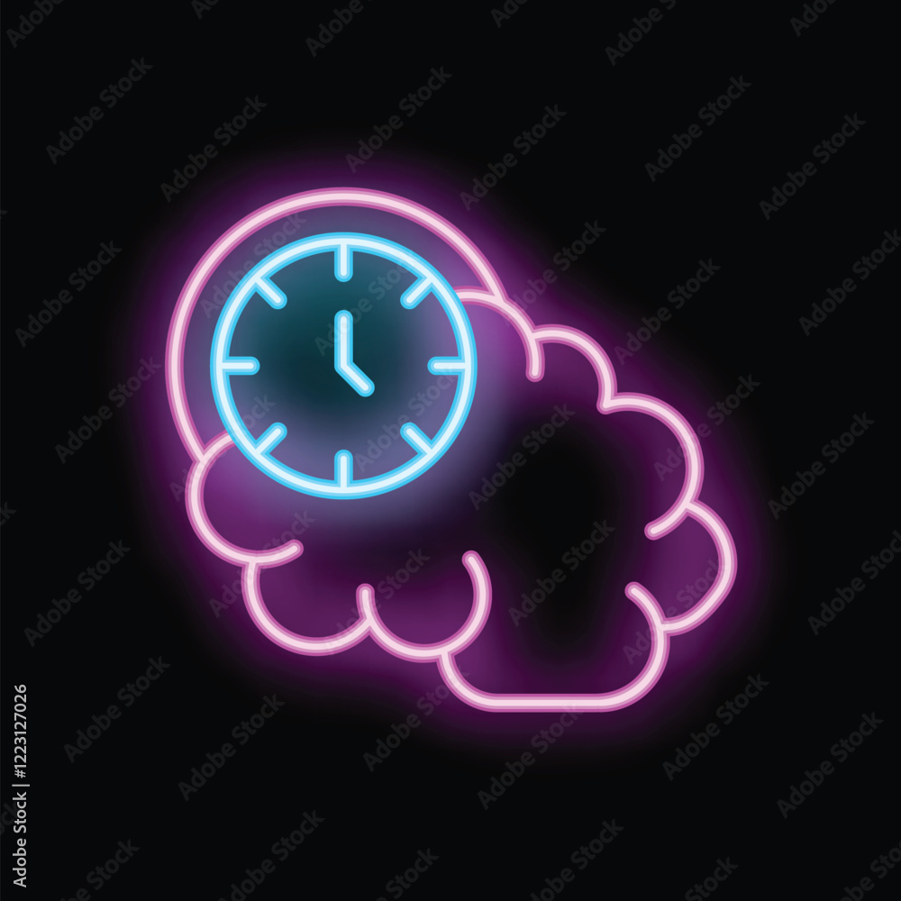Poster neon sign illuminating a brain with a clock, symbolizing the concept of time management and mental p