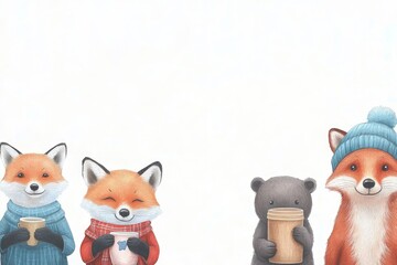 Fototapeta premium Adorable forest animals enjoying warm beverages in cozy attire during a winter gathering