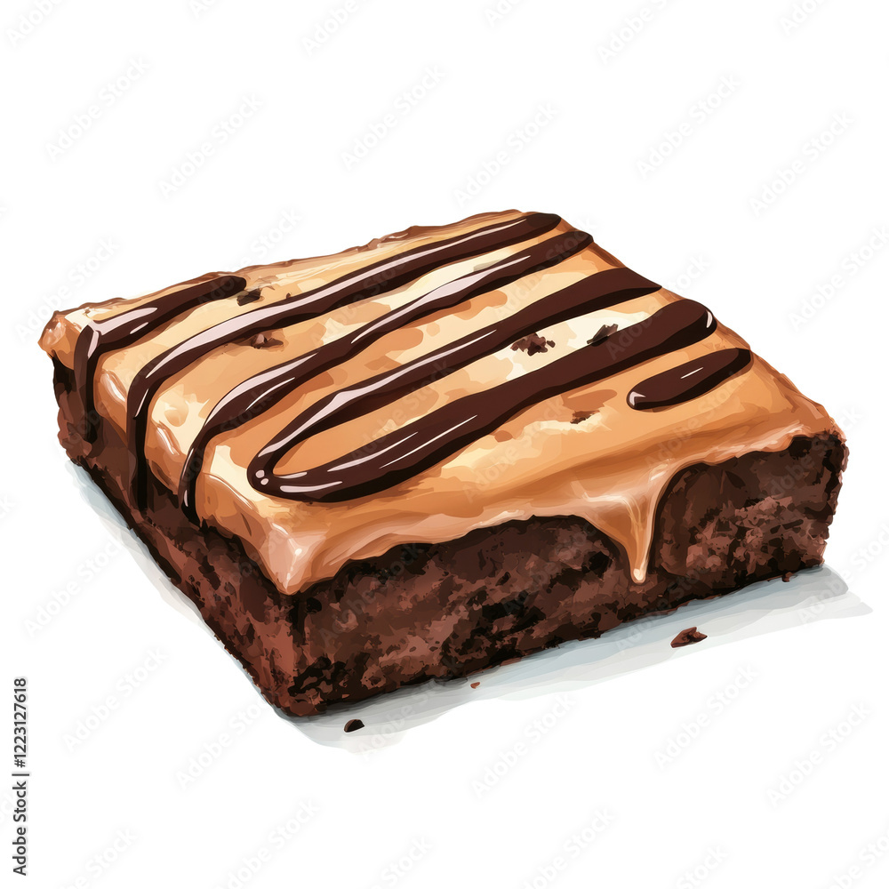 Aufkleber A single square brownie topped with caramel and a chocolate drizzle is presented on a white surface against a black background.