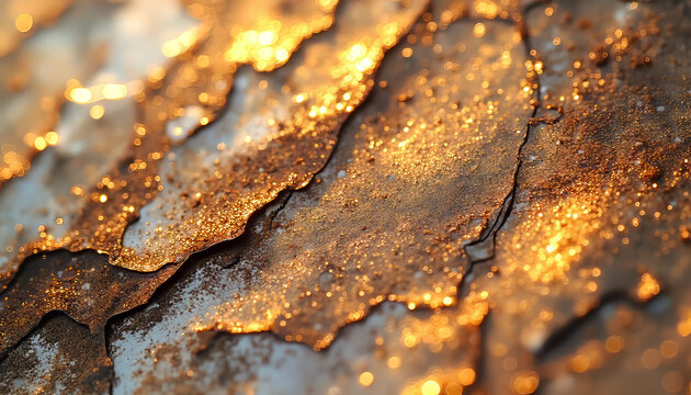 Natural mica surface with shimmering gold, silver, and copper tones illuminated to emphasize reflective elegance, copy space