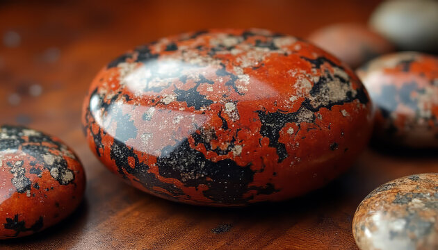 Polished jasper stone with earthy red, black, and white swirling patterns illuminated by soft ambient light, copy space