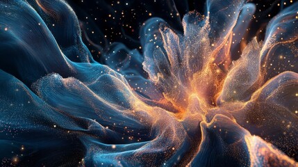 Abstract illustration of big data technology and data science, visualizing data flow, querying, analyzing complex information, with neural network concept for artificial intelligence and data mining.
