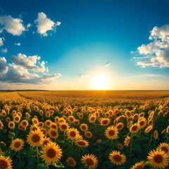 Obraz premium Vibrant Sunflower Field at Sunrise with Golden Light