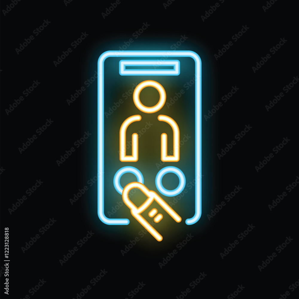 Poster neon sign of finger pressing button on smartphone screen with user icon for online voting app