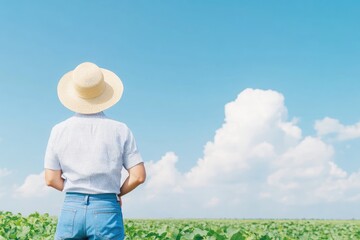 Fototapeta premium Person in straw hat gazing over lush green field under a bright blue sky with fluffy clouds
