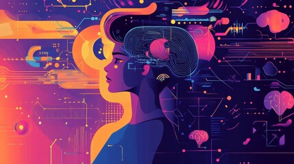 Abstract illustration of big data technology and data science, visualizing data flow, querying, analyzing complex information, with neural network concept for artificial intelligence and data mining.
