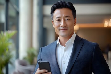 Confident Asian Businessman Smiling Casually While Holding a Mobile Phone for Investments  