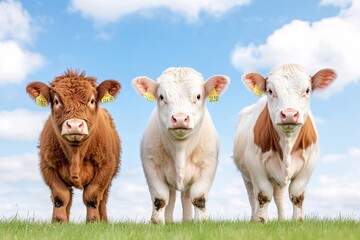 Obraz premium Three cows standing in a green field under a blue sky with fluffy clouds in the background
