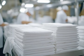 Workers folding stacks of fresh white hotel linens