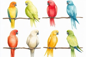 Vibrant watercolor illustration of colorful parrots perched on branches against a white background