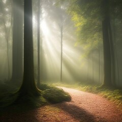 Fototapeta premium Forest, sun rays come through tree