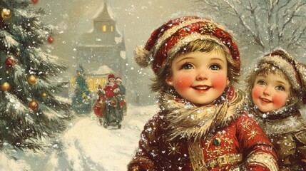 Joyful caucasian children in festive winter wonderland with christmas tree