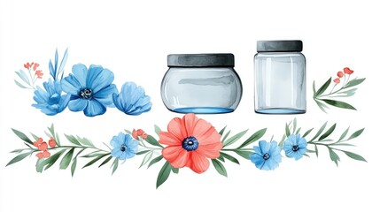 Beautiful watercolor illustration of jars surrounded by vibrant flowers and greenery