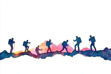 Group of hikers trekking through a colorful mountainous landscape at sunset, showcasing adventure